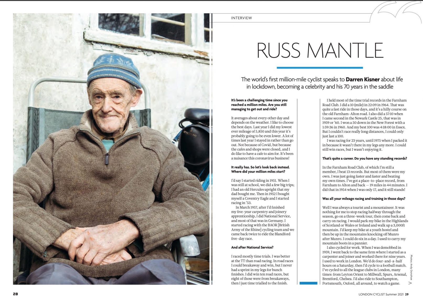 Image of an article about Russ Mantle, the 'million mile cyclist' by Darren Kisner.